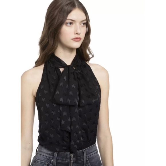Alice + Olivia Delphine Tie-neck Star Burnout Top In Silk Black Size Medium - Picture 1 of 15